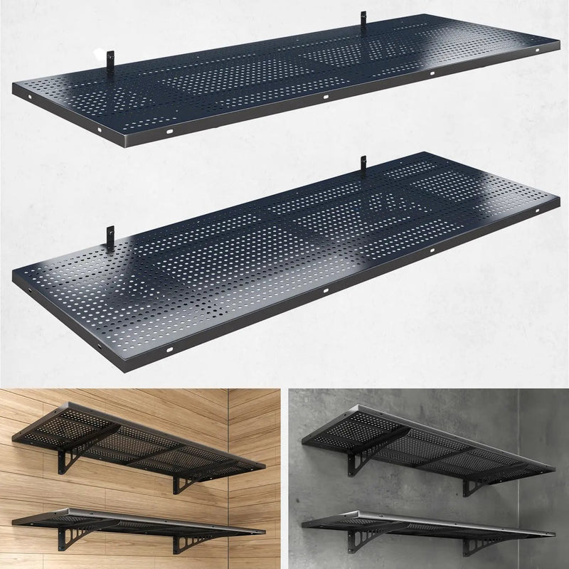 2-Pack 1.5x4ft Heavy Duty Garage Wall Shelving, 500 lbs Load Capacity, Garage Shelving Wall Mounted, Garage Storage Rack with Hooks, Black by GreenHaven Gardens
