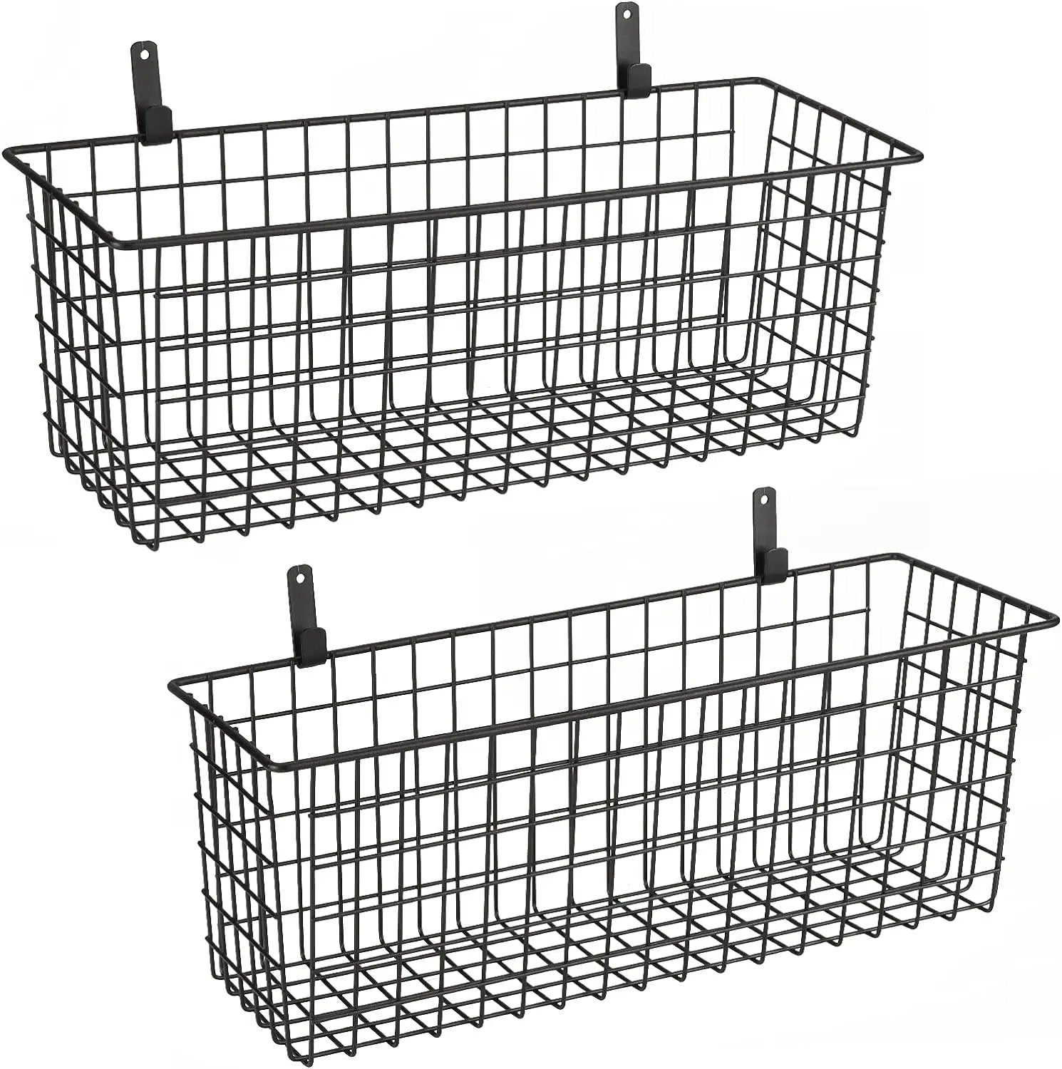 2 Sets Extra Large Hanging Wall Basket, Black Metal Wire Baskets with Steel Hooks for Organizing, WallmountedFruit Vegetable Toy Snack Storage, Home Kitchen Bathroom Laundry Pantry Organizer by GreenHaven Gardens