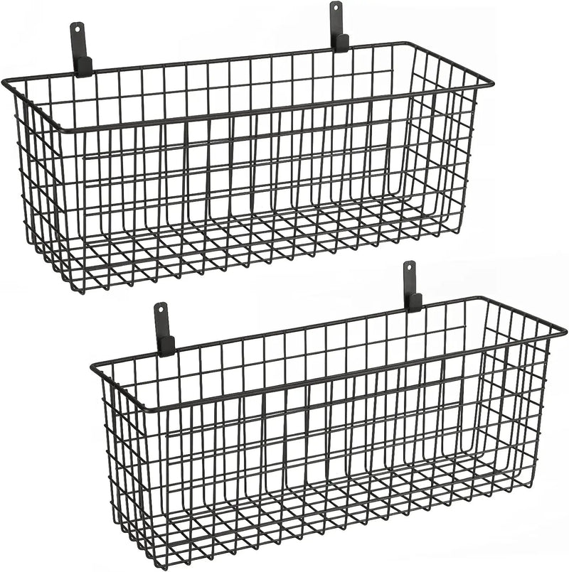 2 Sets Extra Large Hanging Wall Basket, Black Metal Wire Baskets with Steel Hooks for Organizing, WallmountedFruit Vegetable Toy Snack Storage, Home Kitchen Bathroom Laundry Pantry Organizer by GreenHaven Gardens