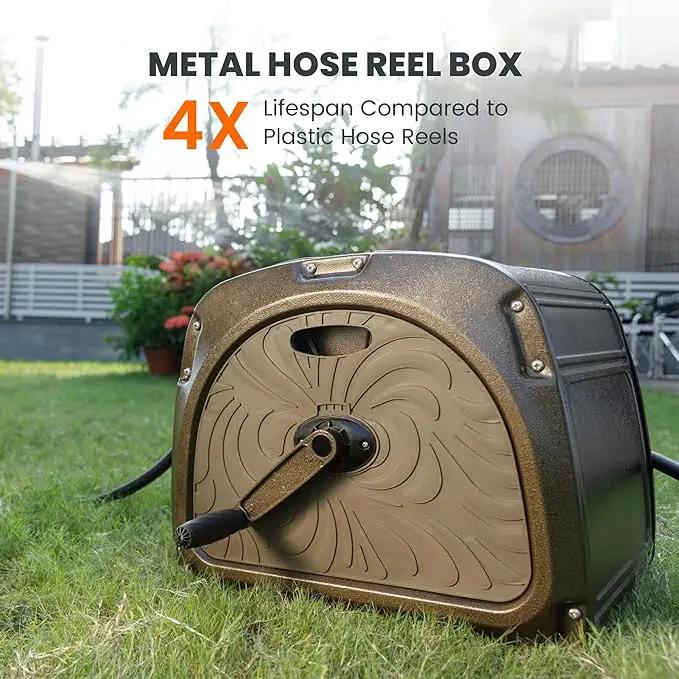 Giraffe Tools SW5 Metal Hose Reel Box, Heavy Duty Garden Hose Storage Reel Hideaway, Crank Handle, 150ft 5/8" Hose Capacity, Green by GreenHaven Gardens
