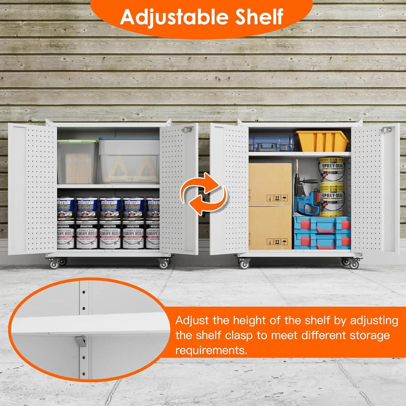 Garage Storage Cabinet with Wheels & Pegboard, 34.3" H Locking Metal Tool Storage Cabinet with Doors and Shelf & 4 Hooks for Garage, Home, Workshops, Assembly Required, White by GreenHaven Gardens