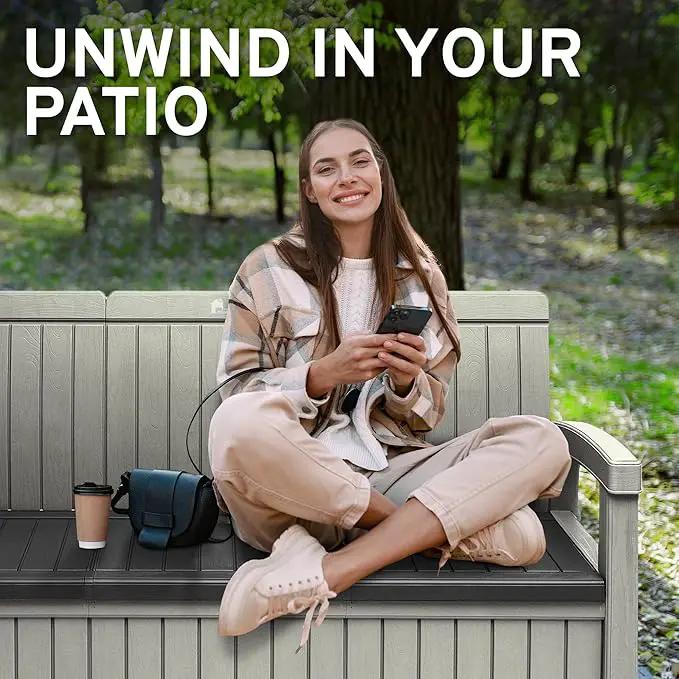 EconoHome 3 Seat Outdoor Storage Bench with Rain Cover - 90 Gallon Capacity - Weatherproof Resin Bench for Patio, Porch, Garden, Yard, Pool Area - Furniture for Pool Accessories, Gardening Tools by GreenHaven Gardens