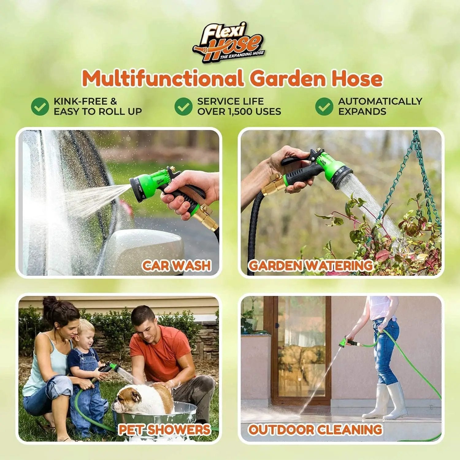 Flexi Hose PLUS with 8 Function Nozzle Expandable Garden Hose, Lightweight & No-Kink Flexible Garden Hose, 3/4 inch Solid Brass Fittings and Double Latex Core, 25 ft Black by GreenHaven Gardens