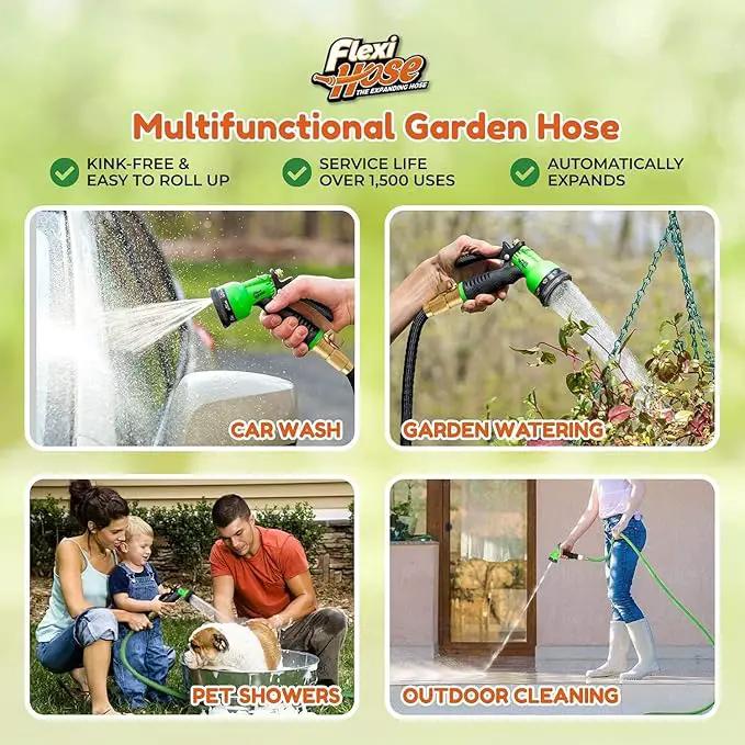 Flexi Hose with 8 Function Nozzle, 100FT - Lightweight Expandable Garden Hose, No-Kink Flexibility, 3/4 Inch Solid Brass Fittings and Double Latex Core by GreenHaven Gardens