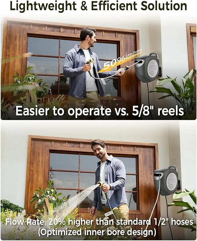 Retractable Garden Hose Reel 1/2 in x 100 ft Upgraded UV Resistant Heavy Duty Automatic Hose Reel Wall Mount 3/4 in Brass Fitting 9 Pattern Nozzle Any Length Lock Slow Retraction 180° Swivel by GreenHaven Gardens