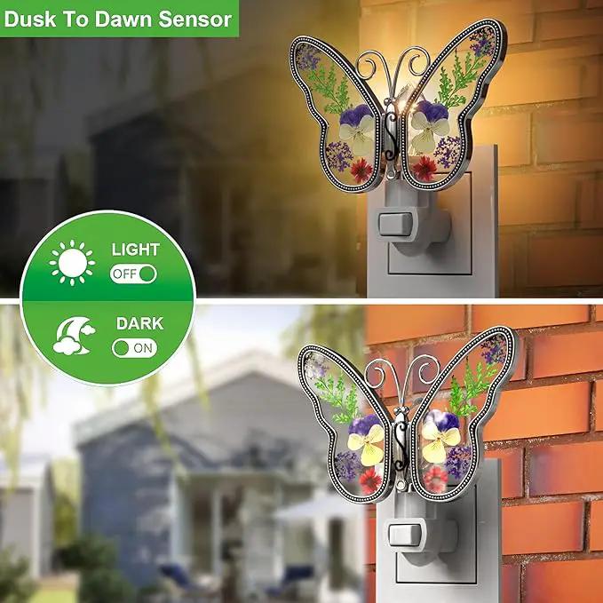 KY&BOSAM Butterfly Night Light Plug into Wall Night Lights Real Flower Glass and Metal Nightlights for Hallway Nursery Bedroom Bathroom Kids Room Kitchen Stairway Accent Elegant Themed Home Decoration by GreenHaven Gardens