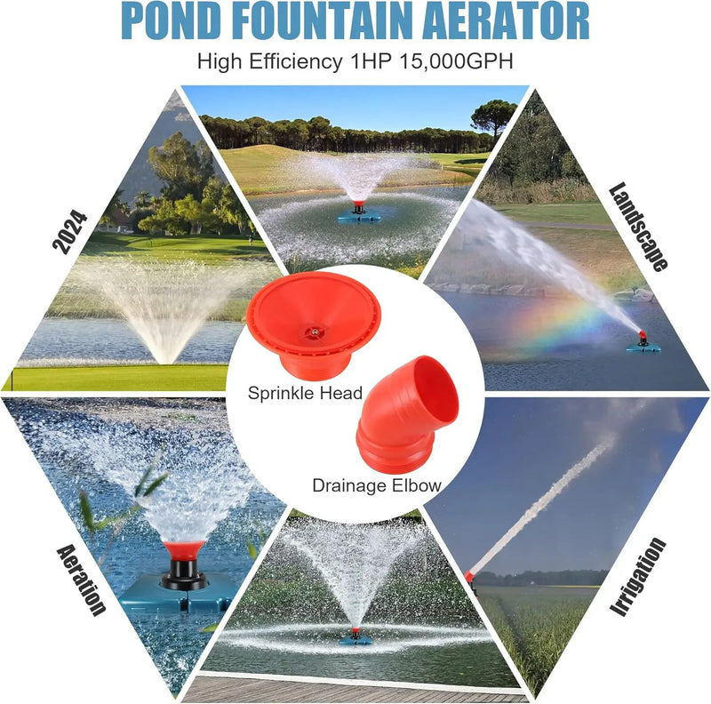 Goldlife Pond Fountain Aerator, F1-4 1HP 750W 110V PowerfuI Floating Pond Fountain Pump With 100 FT Power Cord, Outdoor Pond Aerating Fountains Cascade Pump for Small Large Ponds Lake Pond Jet System by GreenHaven Gardens