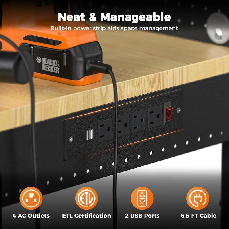 48" Heavy Duty Work Bench Adjustable Height Max Load 2000 LBS with Storage Shelf for Garage Workbench, Rubberwood Tabletop with Pegboard, LED Light, Built-in Power Strip for Woodworking Shop by GreenHaven Gardens