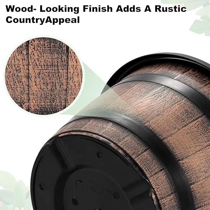 Quarut Large Plastic 3 Pack16 inch Plant Pots,Whiskey Barrel Planters with Drainage Holes & Saucer.Flower Pots Imitation Wine Barrel Design for Indoor & Outdoor Garden Balcony Plants.7 Gallons(Brown) by GreenHaven Gardens