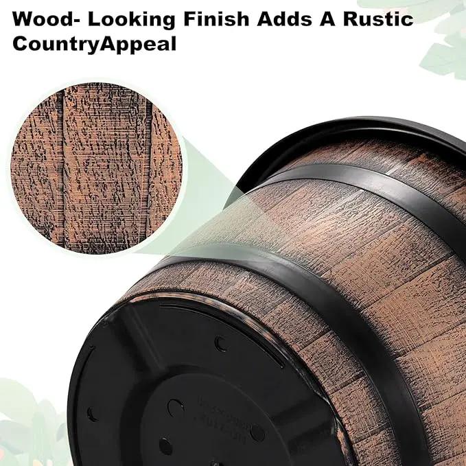 Quarut Large Plastic 4 Pack14 inch Plant Pots,Whiskey Barrel Planters with Drainage Holes & Saucer.Flower Pots Imitation Wine Barrel Design for Indoor & Outdoor Garden Balcony Plants.5 Gallons(Brown) by GreenHaven Gardens
