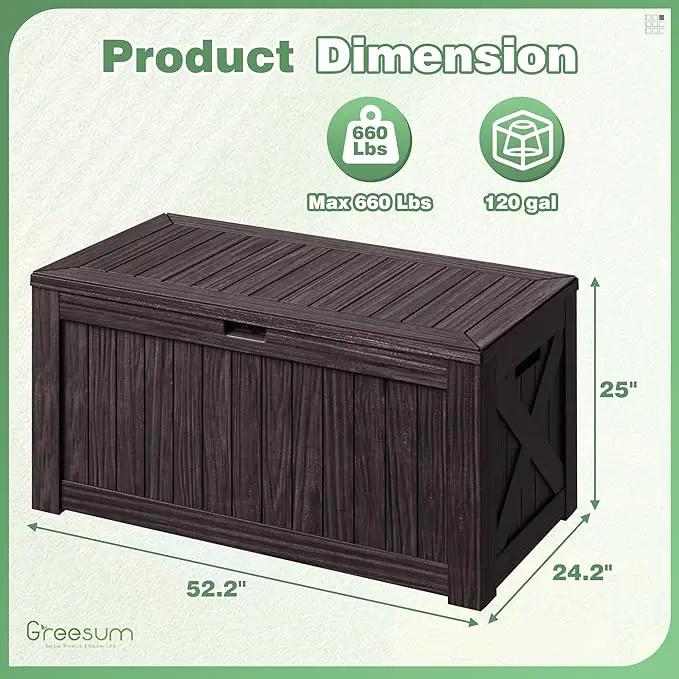 Greesum 120 Gallon Outdoor Storage Box with Lock - Large Resin Deck Box, Reinforced Lid for Garden, Patio, Lawn, Brown by GreenHaven Gardens