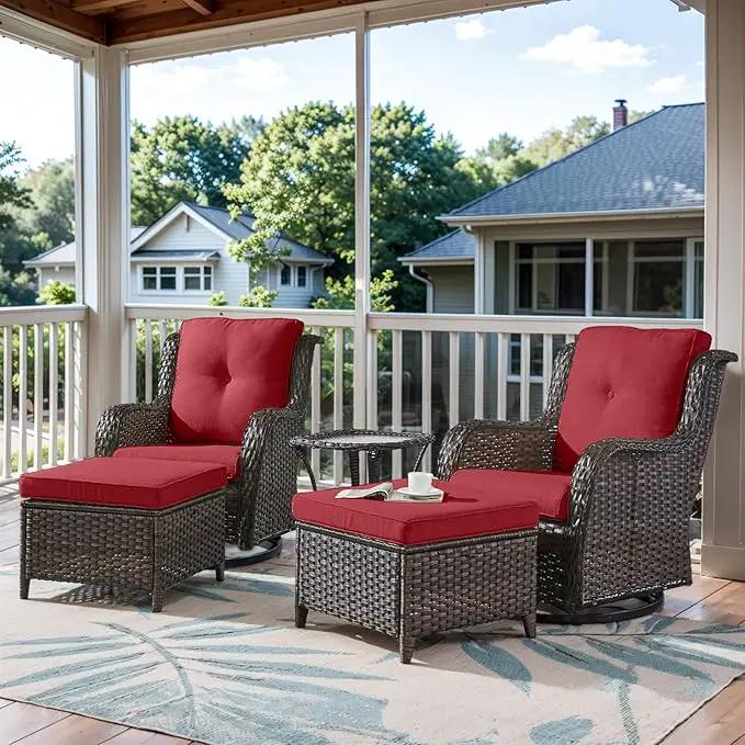 5 Pieces Patio Furniture Sets Wicker Outdoor Furniture, Rattan Patio Swivel Glider Chairs with 2 Ottoman and Glass Side Table by GreenHaven Gardens