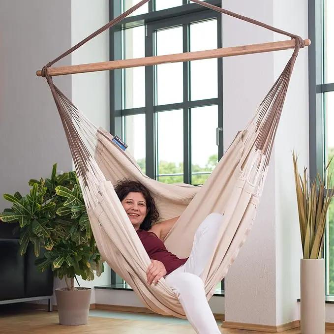 LA SIESTA - XL King Habana Cotton Hammock & Romano Steel Stand - Indoor Outdoor Hanging Hammock Swing for Bedroom Porch Balcony - Boho Hanging Chair - Nougat by GreenHaven Gardens