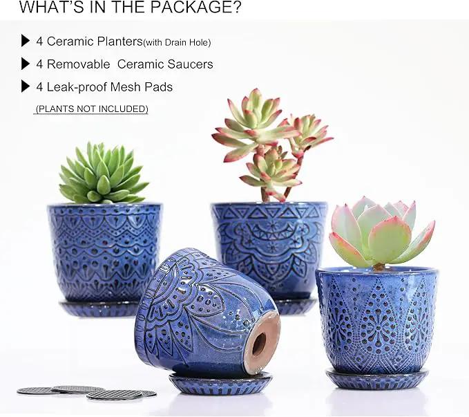 Gepege Succulent Pots, 4 Inch Small Indoor Ceramic Planter Pot with Drainage Holes and Saucers for Plants- Creamy White - Set of 4 by GreenHaven Gardens