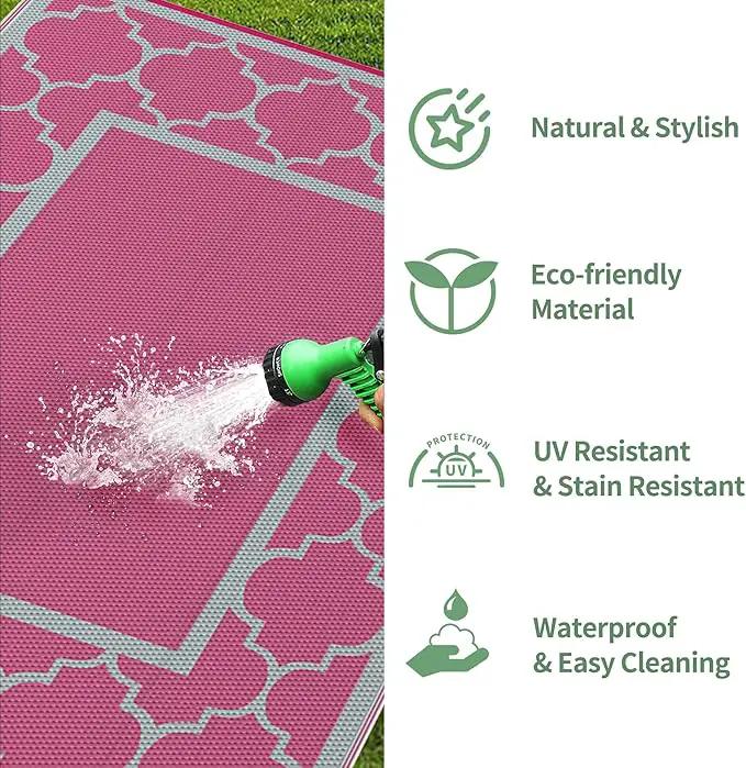 GENIMO 6' x 9' Outdoor Rug Waterproof for Patio Decor, Foldable Reversible Plastic Straw Area Rugs Mat for Camper, Outside Carpet for Rv, Deck, Porch, Picnic, Beach, Balcony, Pink & Grey by GreenHaven Gardens