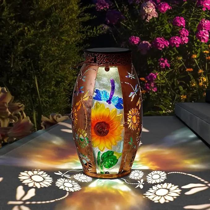 Solar Lanterns Outdoor Hanging Light - Sunflower Dragonfly Solar Powered LED Glass Lights Decorative Waterproof Tabletop Lamp with Hollowed-Out Design for Yard Table Patio Garden Pathway Holiday by GreenHaven Gardens