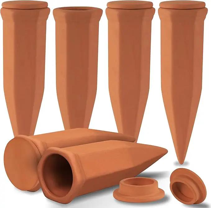 Large Terracotta Watering Spikes with Lids, Automatic Plant Waterer Outdoor | Indoor, Vacation Friendly Clay Plant Watering Devices System, Slow Release Self Watering Planter Insert, 6 Pack by GreenHaven Gardens