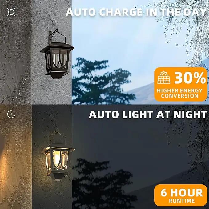 Solar Lanterns Outdoor Waterproof 2 Pack, Glass Auto On/Off LED Hanging Solar Lights, Outdoor Lantern with Wall Mount for Yard Fence Patio - Black by GreenHaven Gardens