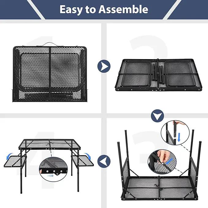 REDCAMP 36x24 Folding Grill Table for Outside with 2 Side Tables, Lightweight Portable Metal Aluminum Outdoor Grill Table with Adjustable Height Legs, Great for Camping Picnic Cooking BBQ, Black 3ft by GreenHaven Gardens