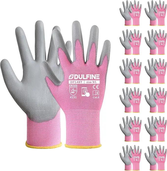 DULFINE Work Gloves for Men PU Coated 12 Pairs Bulk Pack,Pink Seamless Knit Glove with thin Polyurethane,Two Finger Touchscreen, for Men and Women, Ideal for Light Duty Work. (Medium) by GreenHaven Gardens