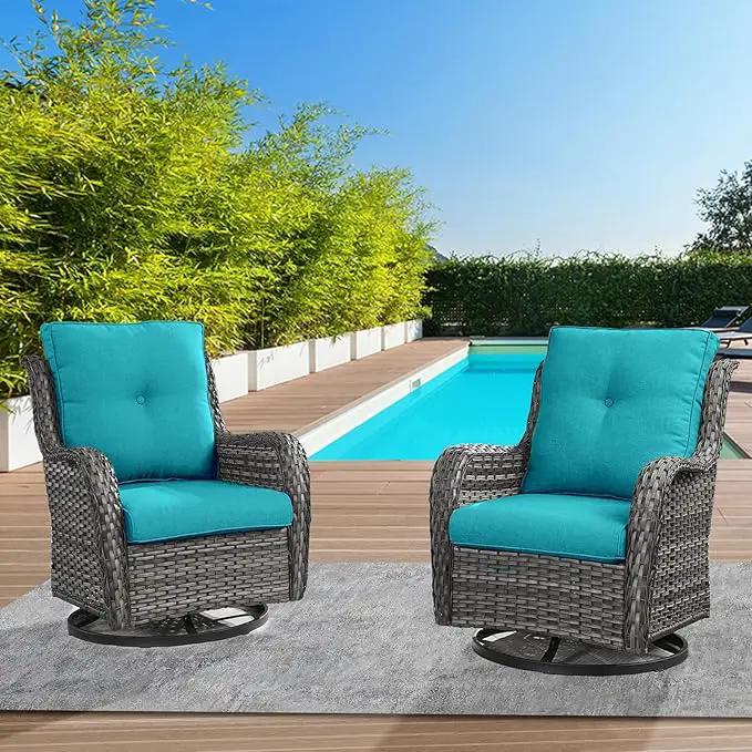 Outdoor Swivel Rcoker Wicker Chairs - Swivel Patio Chairs Set of 2 Patio Furniture Sets with Covered Cushion for Porch Deck Balcony Backyard, Turquoise Cushion by GreenHaven Gardens