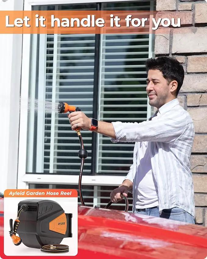 Ayleid Retractable Garden Hose Reel,1/2 in x 65 ft Wall Mounted Hose Reel, with 9- Function Sprayer Nozzle, Any Length Lock/Slow Return System/Wall Mounted/180°Swivel Bracket (Black) by GreenHaven Gardens