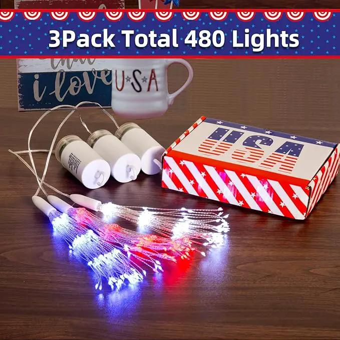 3 Pack 4th of July Lights Decorations 480 LED Remote&Time 8 Light Mode Red White and Blue Firework Lights Battery Operated, American Flag Patriotic Memorial Day Independence Day Outdoor Decor by GreenHaven Gardens