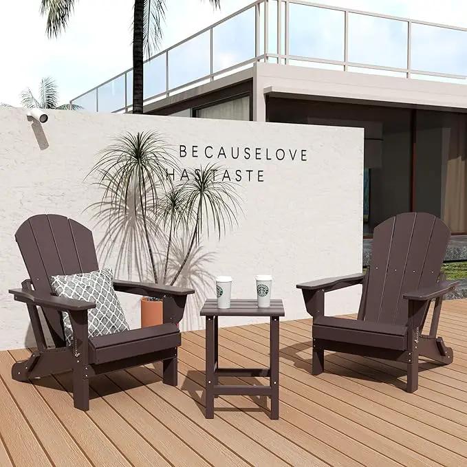 WO Home Furniture Adirondack Chair Table Set of 2 PCS Outdoor Folding Chair w Side Table Weather/UV Resistant for Lawn, Garden, Bon Fire, Balcony (Dark Brown) by GreenHaven Gardens
