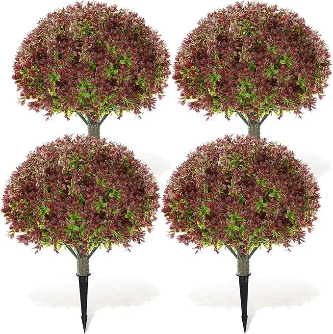 Yunlly 4 Pack 18" Artificial Boxwood Ball Bush Topiary Trees Fake Outdoor Plants, Realistic UV Resistance Faux Shrubs with Spike Greenery Topiary for Front Porch Garden Yard Patio Indoor (Dark Red) by GreenHaven Gardens