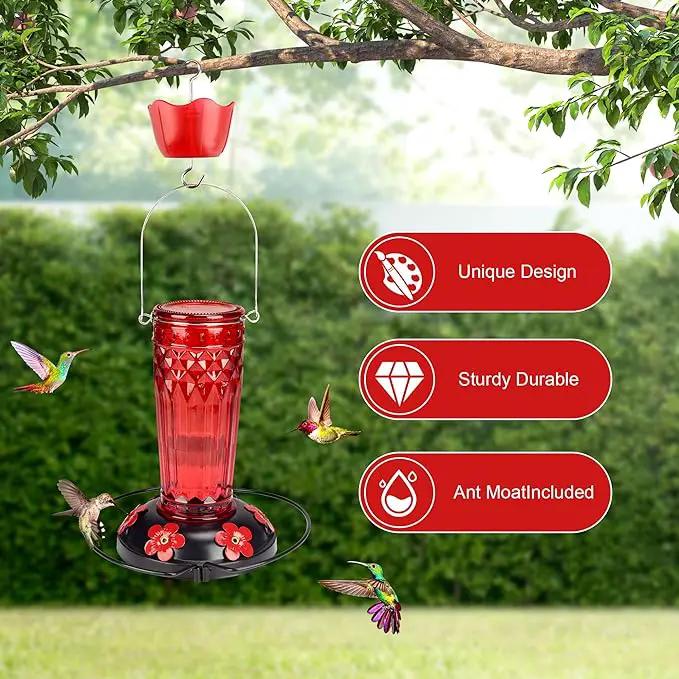 Hummingbird Feeder-16 Ounces，6 Feeding Ports Glass Hummingbird feeders for Outdoors,Wide Mouth for Easy Filling/Cleaning，Hanging for Garden Backyard Decor, Includes Ant Moat (Red) by GreenHaven Gardens