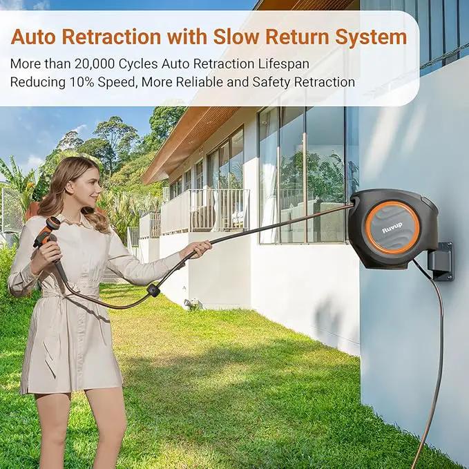 Ruvup Retractable Garden Hose Reel,1/2in x 150ft Water Hose Reel with Metal Bracket, UV Resistant Automatic Hose Reel Wall Mount for Outside, Slow Retraction Any Length Lock 10 Spray Nozzle by GreenHaven Gardens