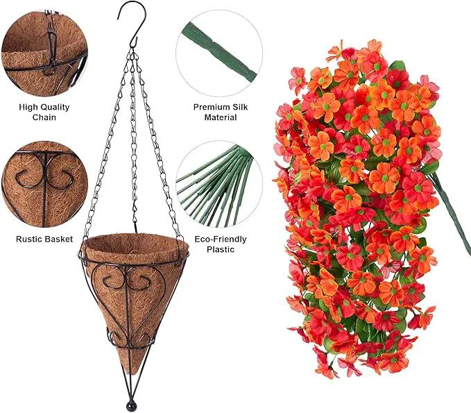 Artificial Hanging Flowers in 12 inch Basket, Fake Fall Plant Silk Orchid Flower Arrangement with Hanging Basket Daisy Planter for Patio Garden Porch Deck Summer Autumn Yard Decoration(Red Orange) by GreenHaven Gardens