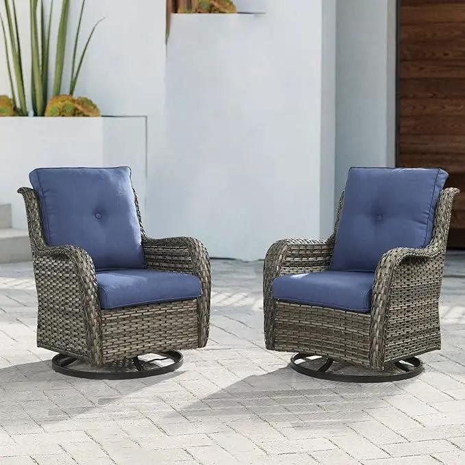 Outdoor Patio Swivel Rocker Chairs - Single Wicker Rattan Patio Swivel Rocking Chair with High Back,Deep Seating and Comfort Cushions for Deck Porch Garden,Mixed Grey/Blue by GreenHaven Gardens
