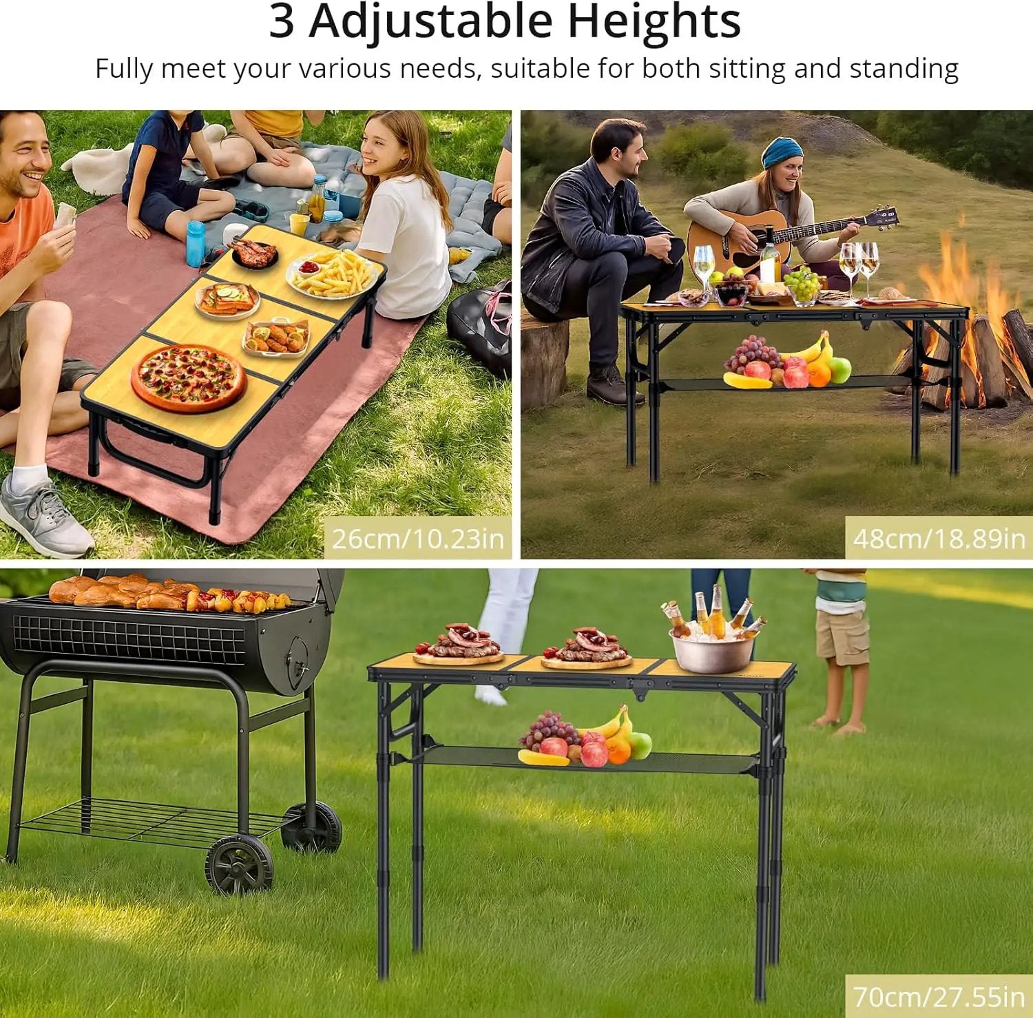 3ft Camping Table Foldable with Storage Net and Bag, 3 Adjustable Heights High 27.5" Aluminum Camping Table, Portable, for Outdoor Indoor Backyard BBQ Cooking Party Picnic Beach, Yellow by GreenHaven Gardens