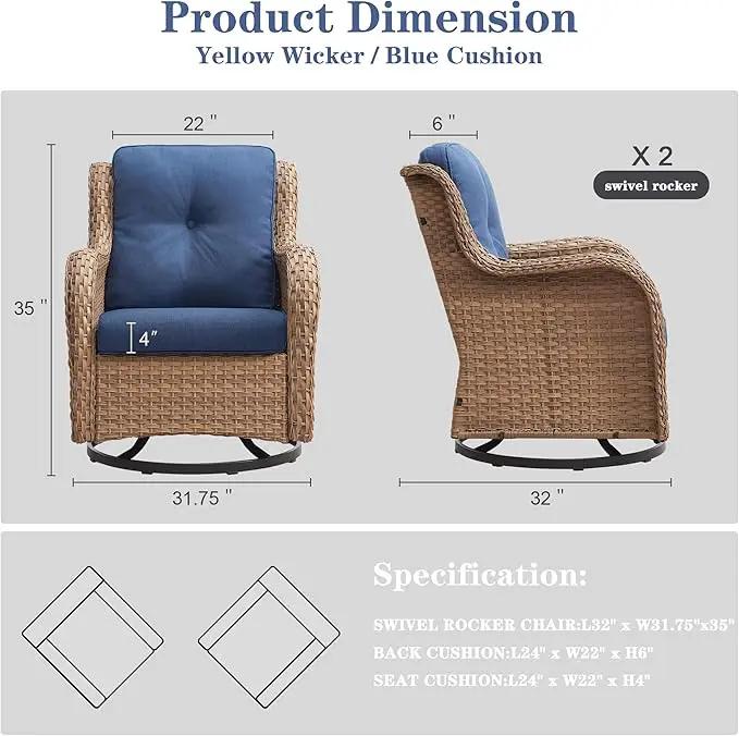 Outdoor Swivel Rocker Patio Chairs - 360 Degree Swivel Glider Seating 350LBS Weight Capacity Wicker Rocking Chairs Set of 2 with Removable Cushion for Porch Balcony Deck, Yellow/Blue by GreenHaven Gardens