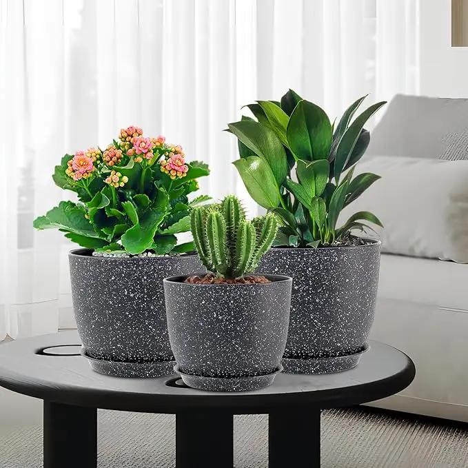 9/8/7.5 inch Plant Pots, Set of 3 Modern Decorative Plastic Planters with Drainage Holes and Saucer for Garden House Plants, Flower Pots for Indoor Outdoor Plants, Speckled Black by GreenHaven Gardens