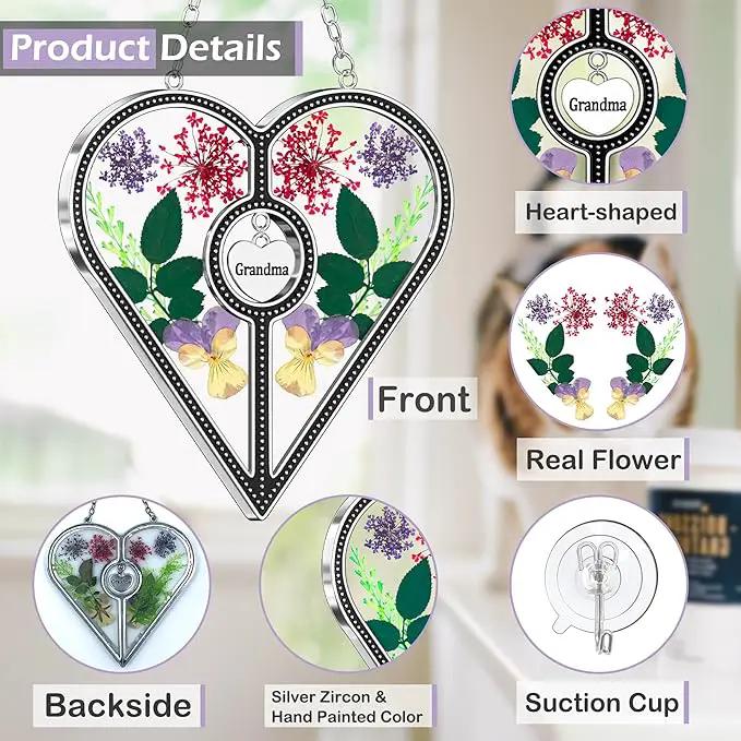 KY&BOSAM Heart Suncatcher Grandma Stained Glass for Windows Hangings Ornament Wind Chimes with Pressed Real Flower Heart Embedded in Glass Birthday Gifts for Women Grandma Mother`s Day Christmas Decor by GreenHaven Gardens