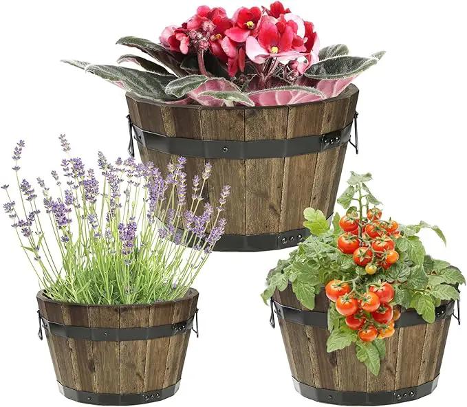 IDZO Set of 3 Wooden Flower Planters for Outdoor Plants, Acacia Wood Barrel Planters, Ergonomic Handles, Drainage Holes, Various Sizes, Walnut by GreenHaven Gardens