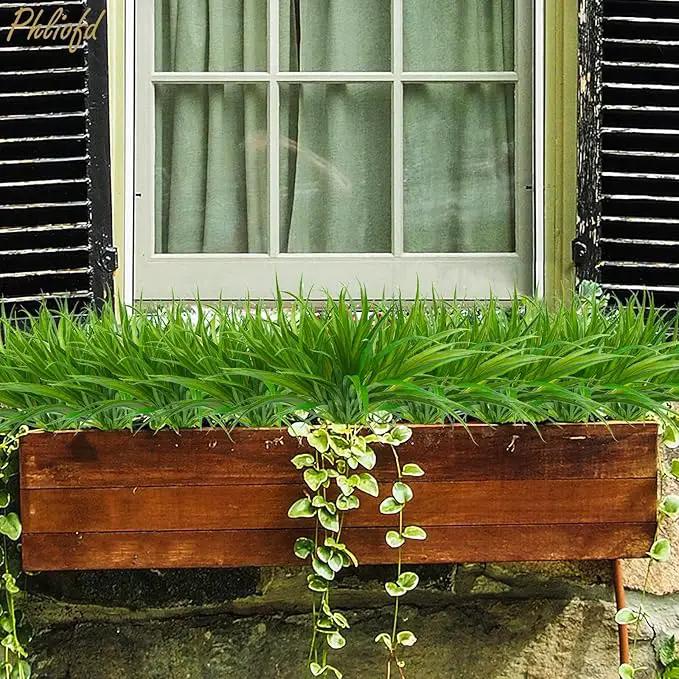 16Pcs Artificial Grass Fake Plants 17.3in 16 Leaves Outdoor Fake Grass UV Resistant Greenery Plastic Plants for Home Window Garden Patio Hanging Planter Pathway Front Porch Décor Green by GreenHaven Gardens