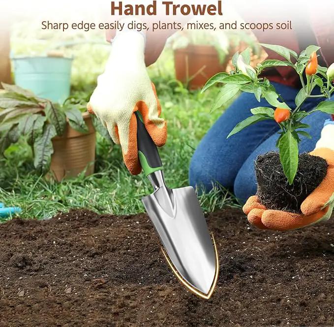LASZOLA 3 Piece Garden Tool Set Include Hand Trowel Rake and Transplant Shovel for Women, Indoor Heavy Duty Small Spade Kit with Ergonomic Handle to Weed and Loosen, for Mom and Plant Beginner, Green by GreenHaven Gardens