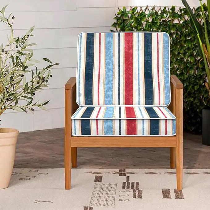 LVTXIII Patio Chair Cushions 22"x22"x3", Water-Repellent Outdoor Seat Cushions for Patio Furniture, Square Chair Pads with Ties for Home Garden Decoration, Set of 2, Stripe Red Blue by GreenHaven Gardens
