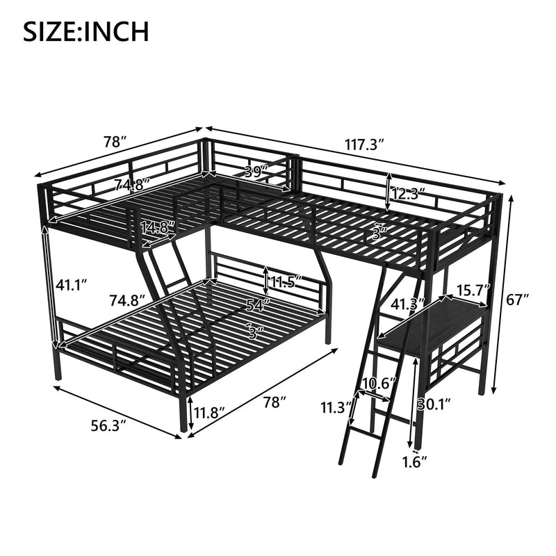 Twin Over Full Bunk Bed With Loft And Desk, L-Shaped Design For 3 Sleepers - Black by HouseOfZazla