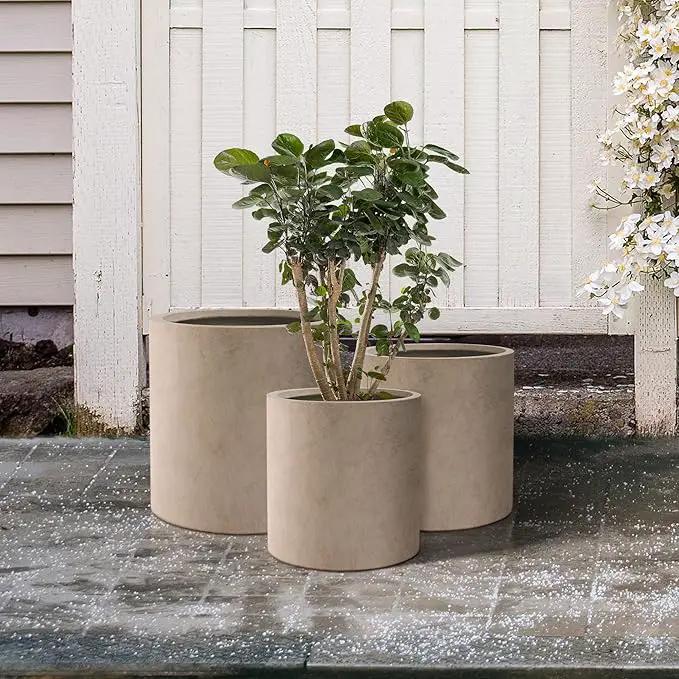 Kante 9.8",12.6",15.7" Dia Round Concrete Planter Set of 3, Modern Style Large Cylindrical Plant Pot with Drainage Hole and Rubber Plug for Indoor Outdoor Patio, Weathered Concrete by GreenHaven Gardens