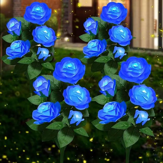 Solar Flower Lights Outdoor - Upgraded New Material Two Modes Realistic LED Solar Powered Waterproof Lights with 20 Roses, Solar Decorative Stake Lights for Garden (Blue, 4 Pack) by GreenHaven Gardens