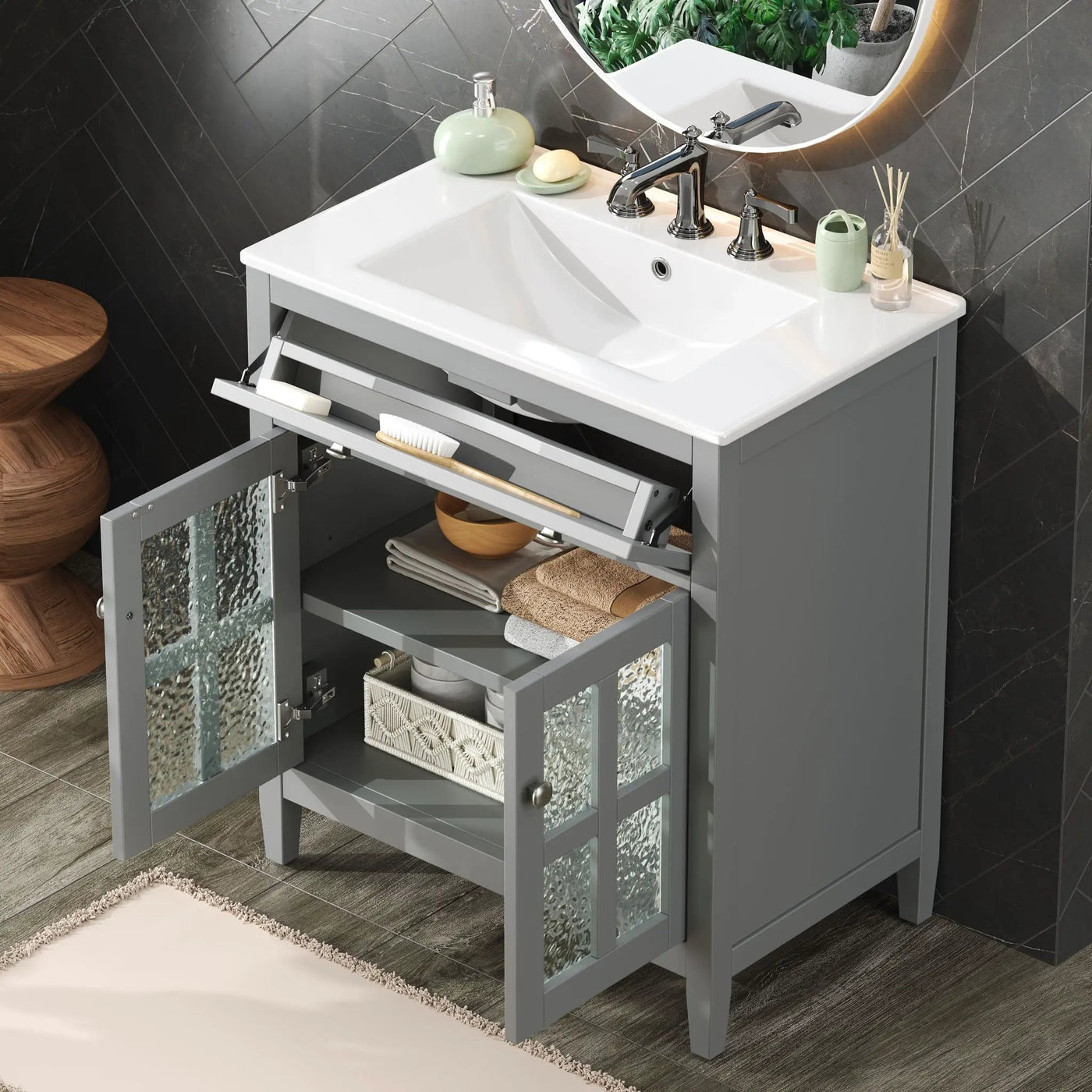 Bathroom Vanity With Ceramic Sink, Adjustable Shelf & Tip Out Tray by HouseOfZazla