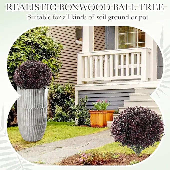 Yunlly 2 Pack 18" Artificial Boxwood Ball Bush Topiary Trees Fake Outdoor Plants, Realistic UV Resistance Faux Shrubs with Spike Greenery Topiary for Front Porch Garden Yard Patio Indoor (Dark Purple) by GreenHaven Gardens