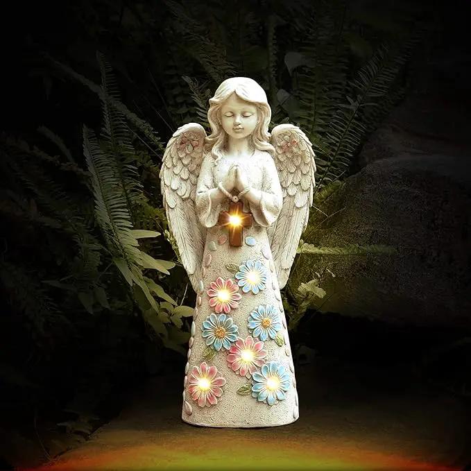 Angel Garden Figurine Outdoor Statue, Solar Garden Sculpture with 7 LEDs Welcome Sign Resin Praying Angel Art Decor for Patio Lawn Yard Porch Decoration, Housewarming Gift by GreenHaven Gardens