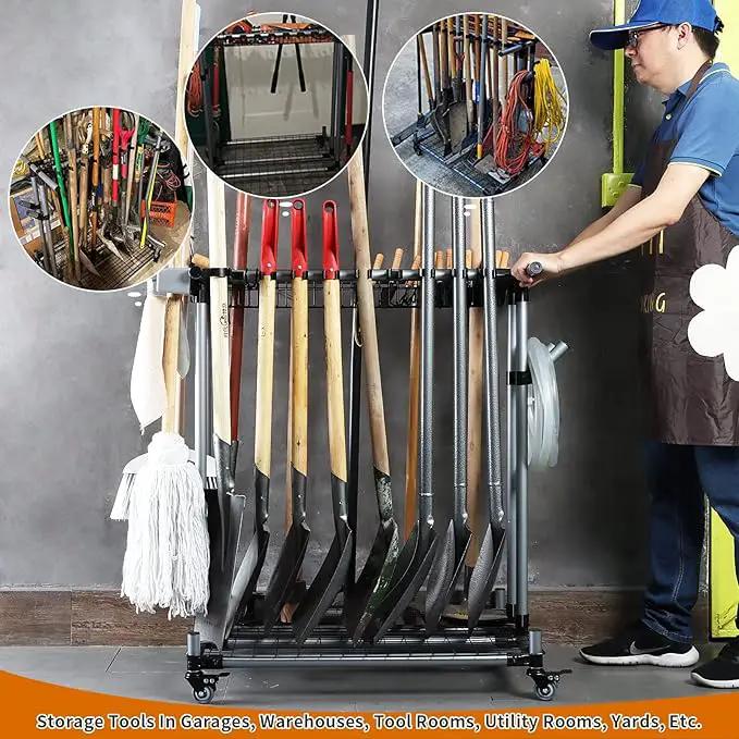 Heavy duty garden tool organizer garage storage holder storage large long farming tools lawn tool metal rack shovel and rake organizer by GreenHaven Gardens