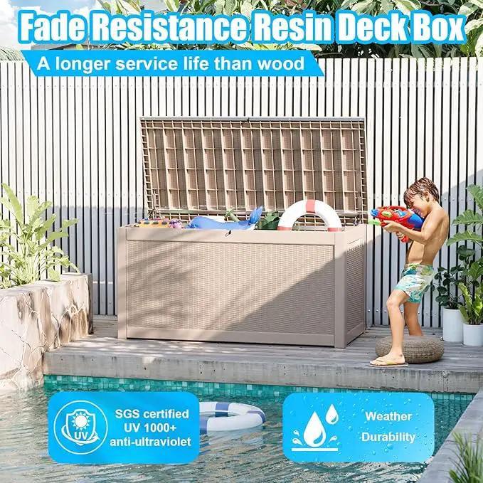 260 Gallon Large Resin Deck Box, Lockable Outdoor Storage Box for Patio Cushions Storage Furniture,Garden Tools, Pool Supplies, Weatherproof and UV Resistant- Grey Rattan (260 Gallon) by GreenHaven Gardens