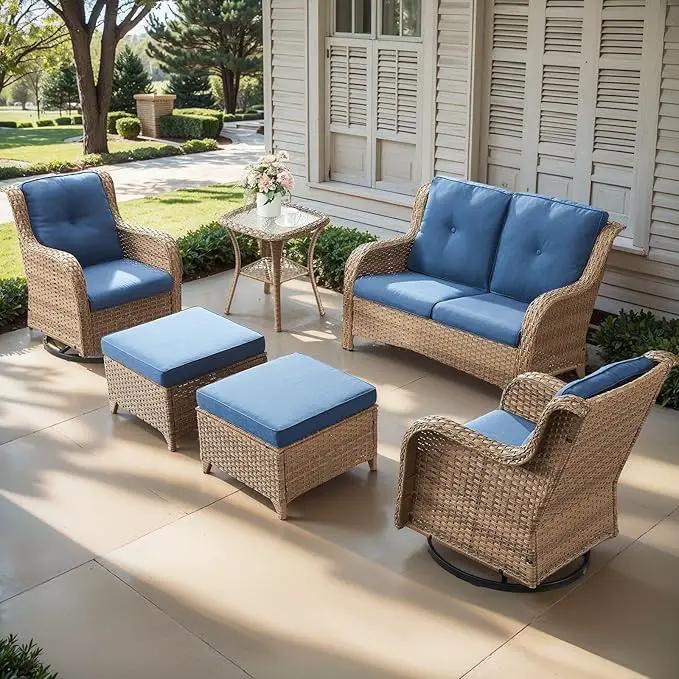 Outdoor Wicker Patio Furniture Set - 6 Piece Rattan Patio Conversation Set with 2 Rocking Swivel Chairs,2 Ottomans,1 Loveseat and 1 Side Table for Porch Deck Backyard Garden(Yellow/Blue) by GreenHaven Gardens